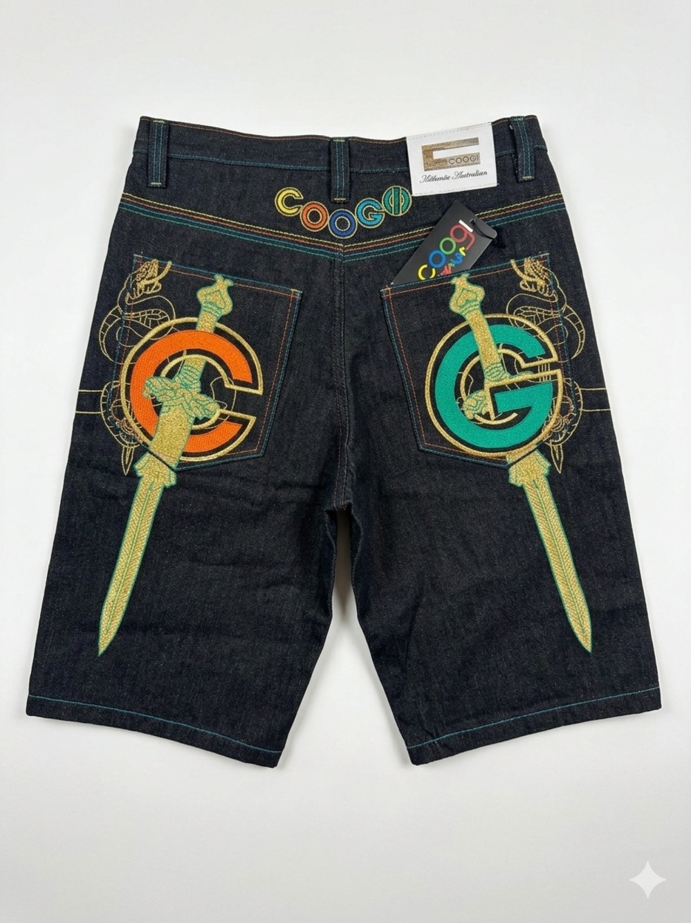 NWT Vintage COOGI Baggy Hip Hop Denim Shorts Dagger Snake Embroidery 34